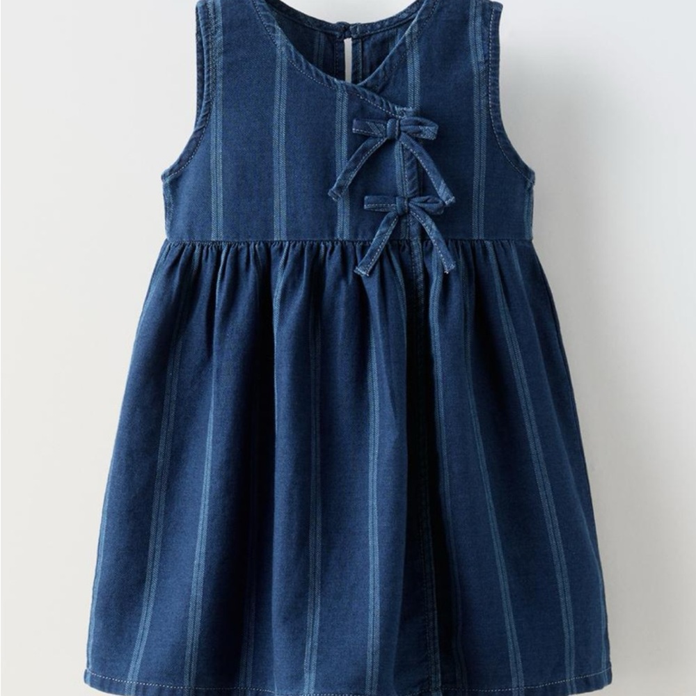 Denim Blue Sleeveless Dress with Bow Accents